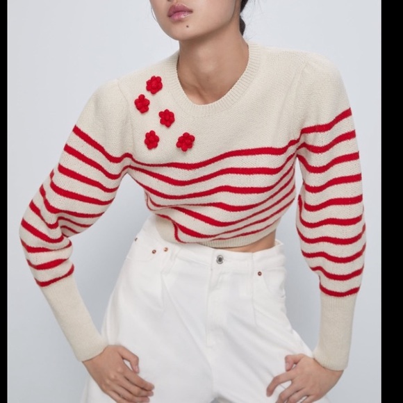 Zara NWT knit red/white stripes. Floral detail, puff sleeves with long cuff